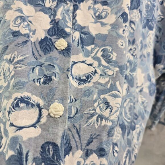 Vintage Shirt Womens Large 80s 90s Blue White Floral Tee Button Flower Buttons - Picture 11 of 15